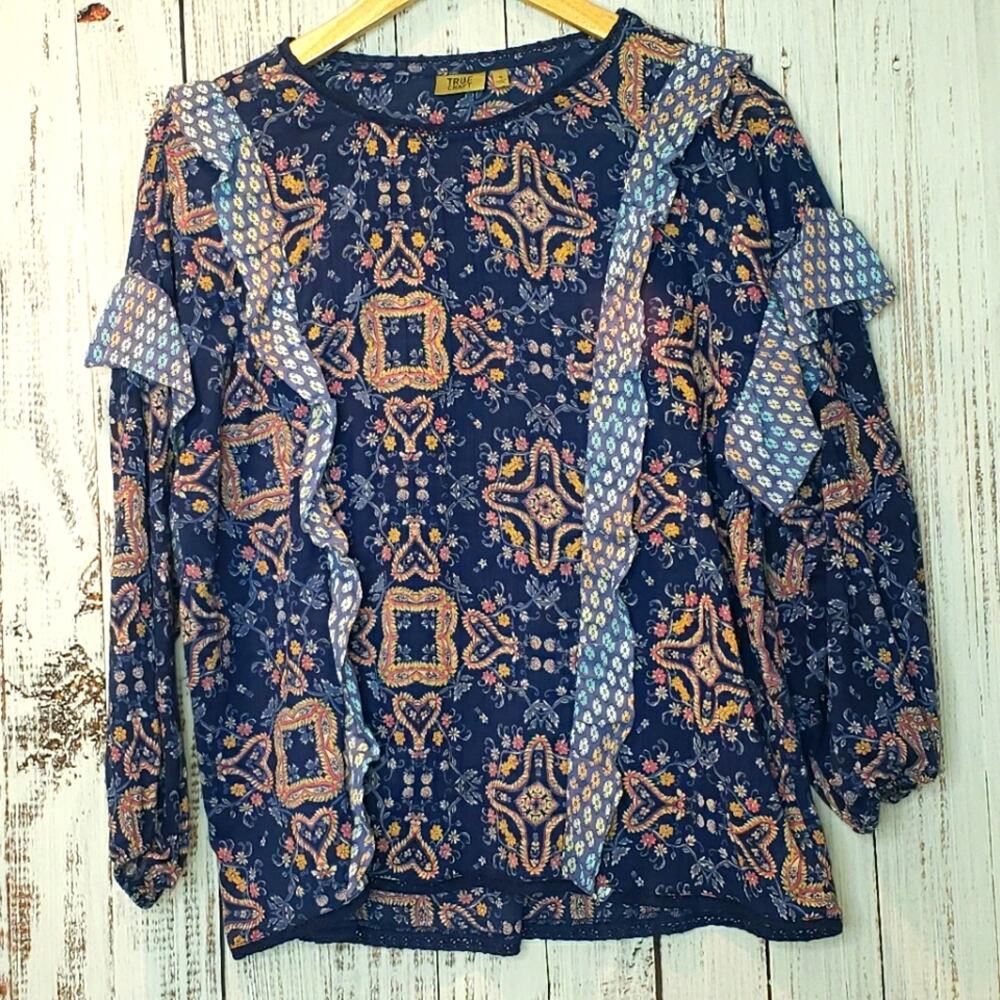 EUC True Craft 100% Cotton Ruffle Trim Top Boho Print Sz S